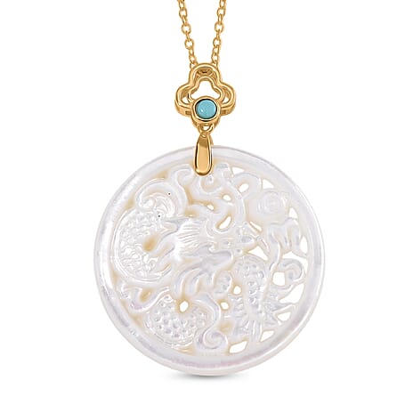 White South Sea Colour Mother Of Pearl Carved Dragon & Blue Turquoise Pendant with Chain (Size 20) in Yellow Gold Overlay Sterling Silver 23.50 Ct.