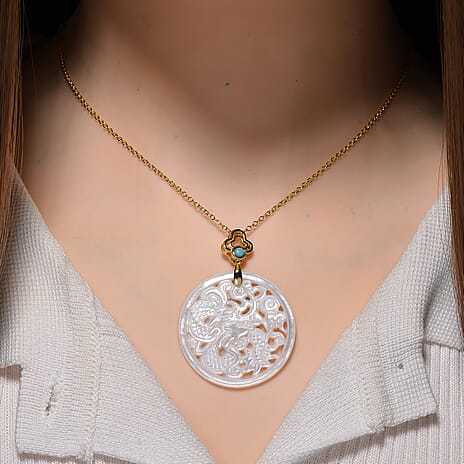 White South Sea Colour Mother Of Pearl Carved Dragon & Blue Turquoise Pendant with Chain (Size 20) in Yellow Gold Overlay Sterling Silver 23.50 Ct.