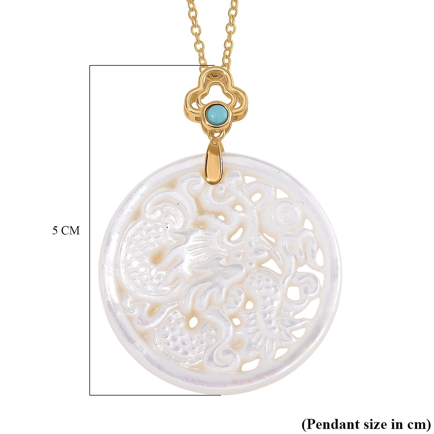 White South Sea Colour Mother Of Pearl Carved Dragon & Blue Turquoise Pendant with Chain (Size 20) in Yellow Gold Overlay Sterling Silver 23.50 Ct. White South Sea Colour Mother Of Pearl Carved Dragon & Blue Turquoise Pendant with Chain (Size 20) in Yellow Gold Overlay Sterling Silver 23.50 Ct.