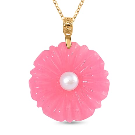 Pink Jade & White Fresh Water Pearl Pendant with Chain (Size 20) in Yellow Gold Plated Sterling Silver 55.00 Ct.