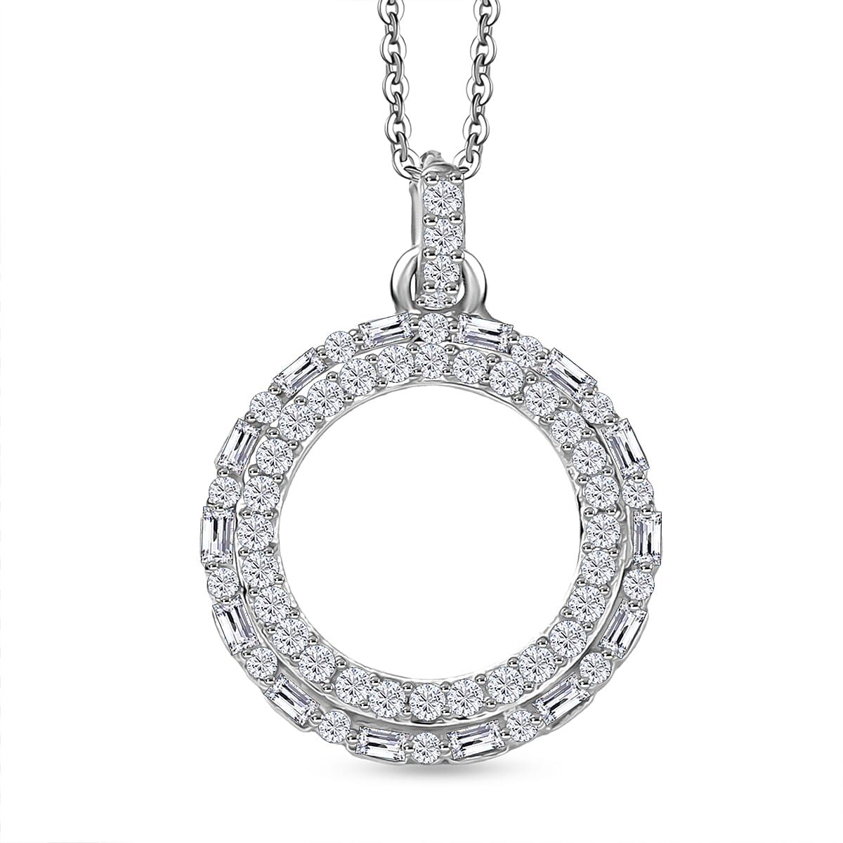 GP Circle Of life Collection - White Diamond & Kanchanaburi Blue Sapphire Circle Pendant with Chain (Size 20) in Rhodium Overlay Sterling Silver