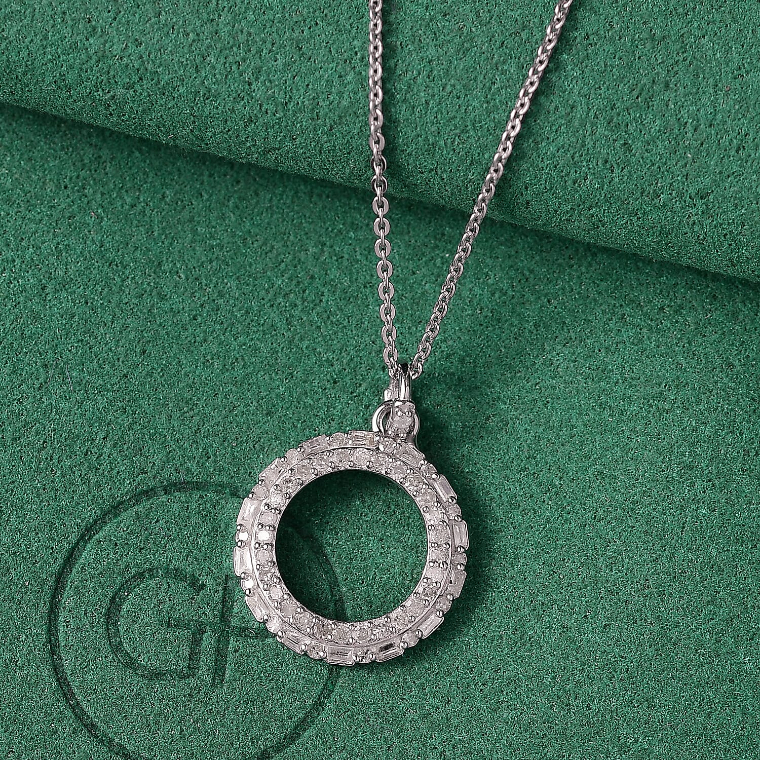 GP Circle Of life Collection - White Diamond & Kanchanaburi Blue Sapphire Circle Pendant with Chain (Size 20) in Rhodium Overlay Sterling Silver