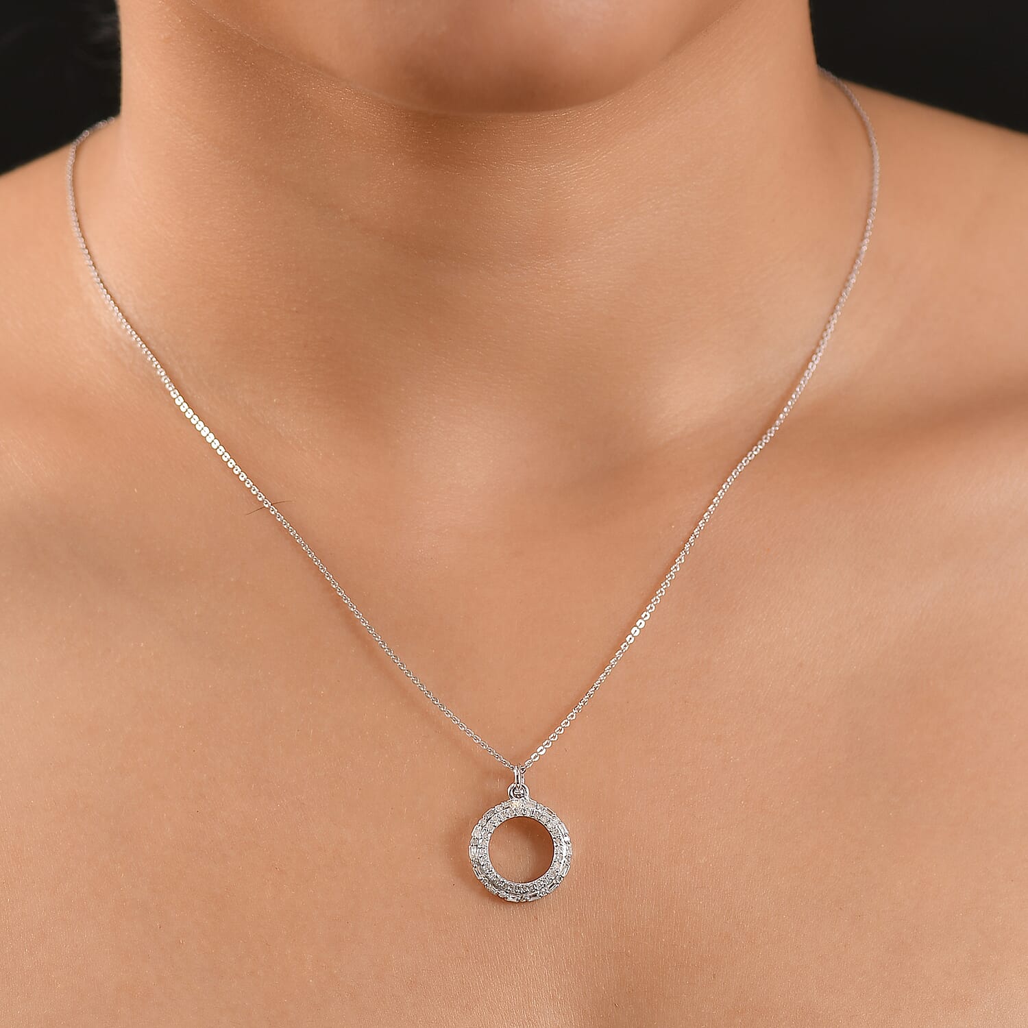 GP Circle Of life Collection - White Diamond & Kanchanaburi Blue Sapphire Circle Pendant with Chain (Size 20) in Rhodium Overlay Sterling Silver
