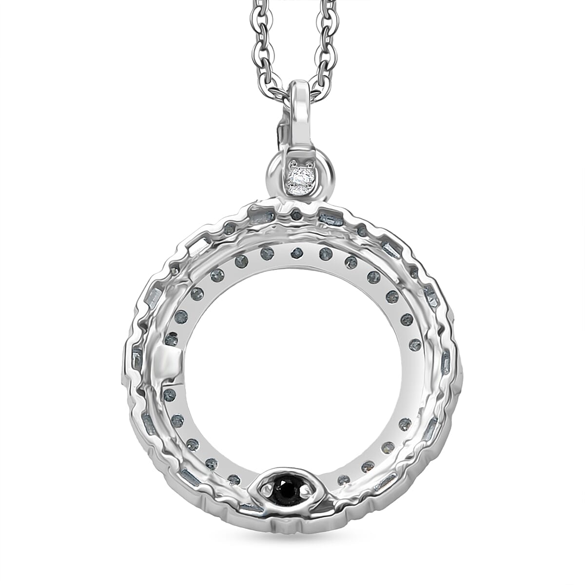 GP Circle Of life Collection - White Diamond & Kanchanaburi Blue Sapphire Circle Pendant with Chain (Size 20) in Rhodium Overlay Sterling Silver