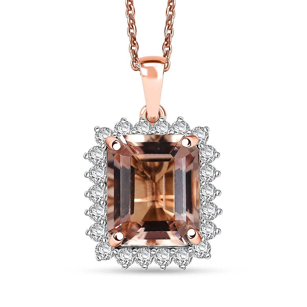 10K Rose Gold,  Morganite,  White Diamond Pendant with Chain (Size 20) 6.95ct  Gold Wt. 2.75 Gms  6.950  Ct.