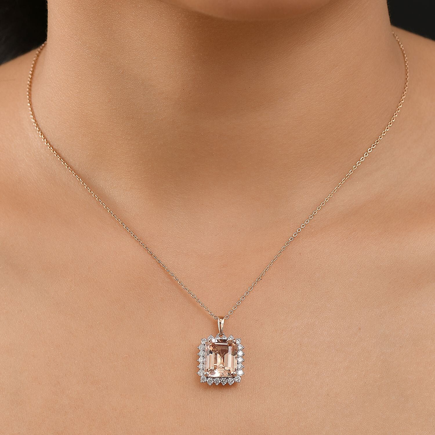10K Rose Gold,  Morganite,  White Diamond Pendant with Chain (Size 20) 6.95ct  Gold Wt. 2.75 Gms  6.950  Ct.