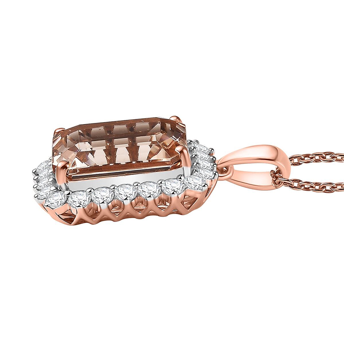 10K Rose Gold,  Morganite,  White Diamond Pendant with Chain (Size 20) 6.95ct  Gold Wt. 2.75 Gms  6.950  Ct.