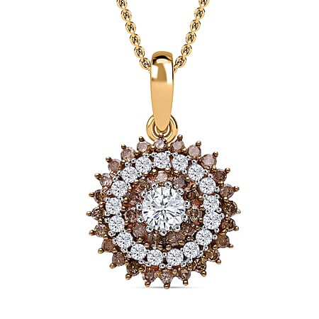 Djoy - White Diamond and Champagne Diamond Cluster Pendant with Chain (Size 18-20) with Spring Ring Clasp in Vermeil Yellow Gold Plated Sterling Silver 1.00 Ct.