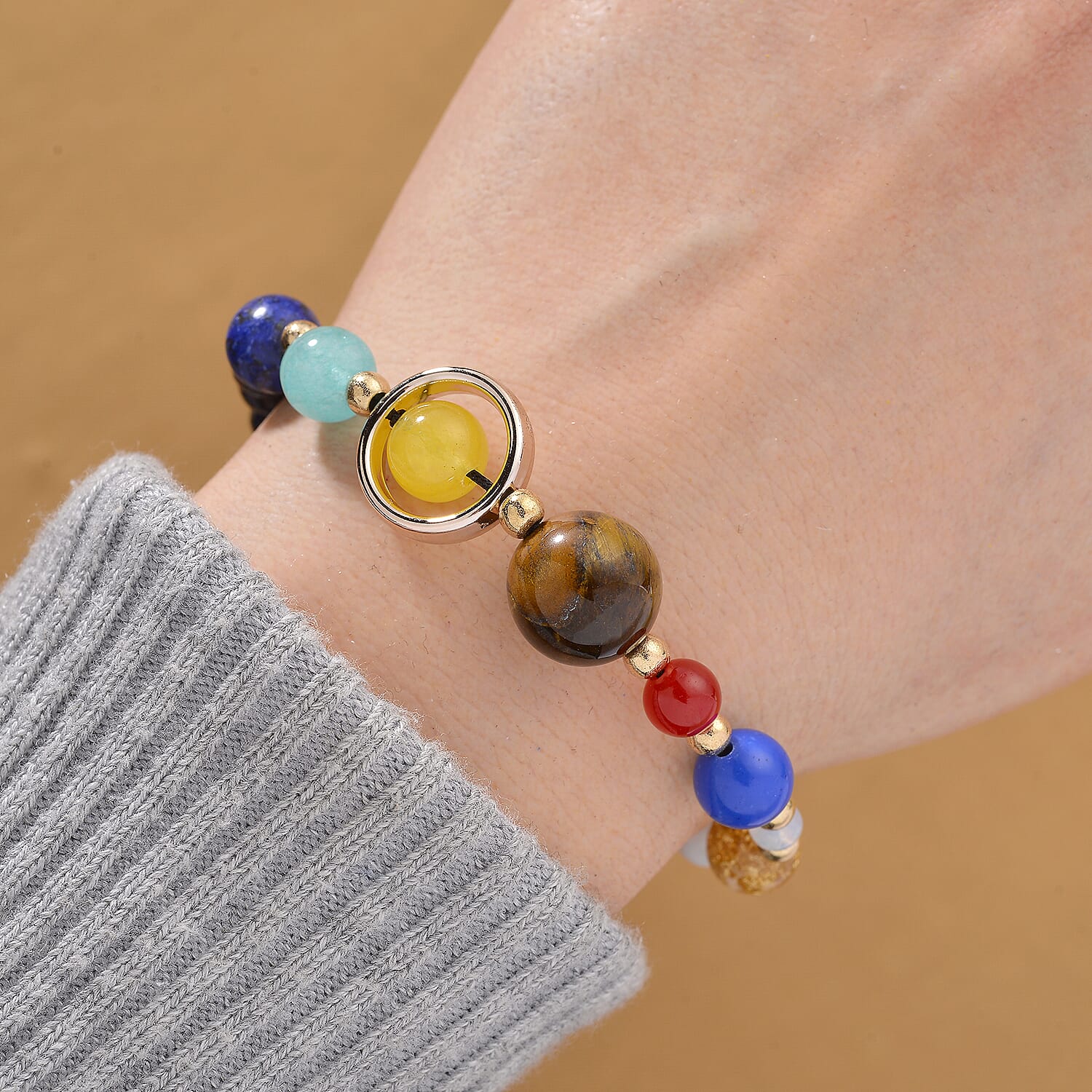 Close Out Deal - 2 Piece Set - Nine Planets Multi Colour Gemstones Accessories & Bracelet (Size 6.5 - 9.5 Adjustable) 395.00 Ct.