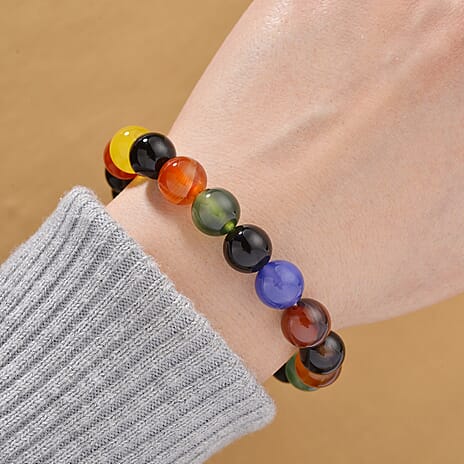 One Time Deal- 2 Piece Set - Multi Gemstones Multi Colour Agate Accessories & Multi Stone Bracelet (Size 7.5 Strechable) 1740.00 Ct.