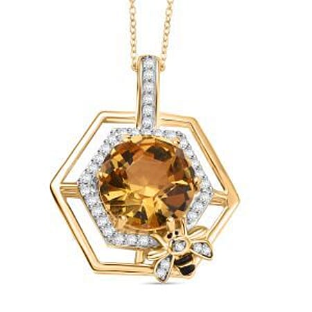 GP Honey Comb Collection - Honeycomb Cut Citrine, White Zircon & Blue Sapphire Pendant with Chain (Size 20) in 18K Vermeil Yellow Gold Plated Sterling Silver 4.41 Ct, Silver Wt. 4.91 Gms.