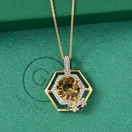 GP Honey Comb Collection - Honeycomb Cut Citrine, White Zircon & Blue Sapphire Pendant with Chain (Size 20) in 18K Vermeil Yellow Gold Plated Sterling Silver 4.41 Ct, Silver Wt. 4.91 Gms.