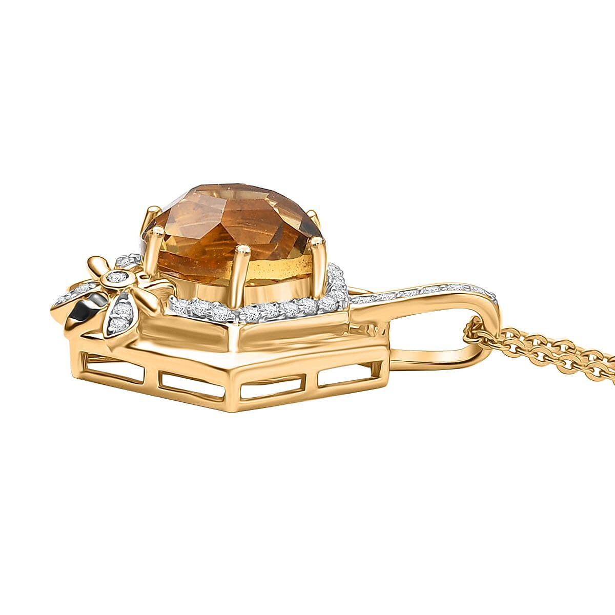GP Honey Comb Collection - Honeycomb Cut Citrine, White Zircon & Blue Sapphire Pendant with Chain (Size 20) in 18K Vermeil Yellow Gold Plated Sterling Silver 4.41 Ct, Silver Wt. 4.91 Gms. GP Honey Comb Collection - Honeycomb Cut Citrine, White Zircon & Blue Sapphire Pendant with Chain (Size 20) in 18K Vermeil Yellow Gold Plated Sterling Silver 4.41 Ct, Silver Wt. 4.91 Gms.