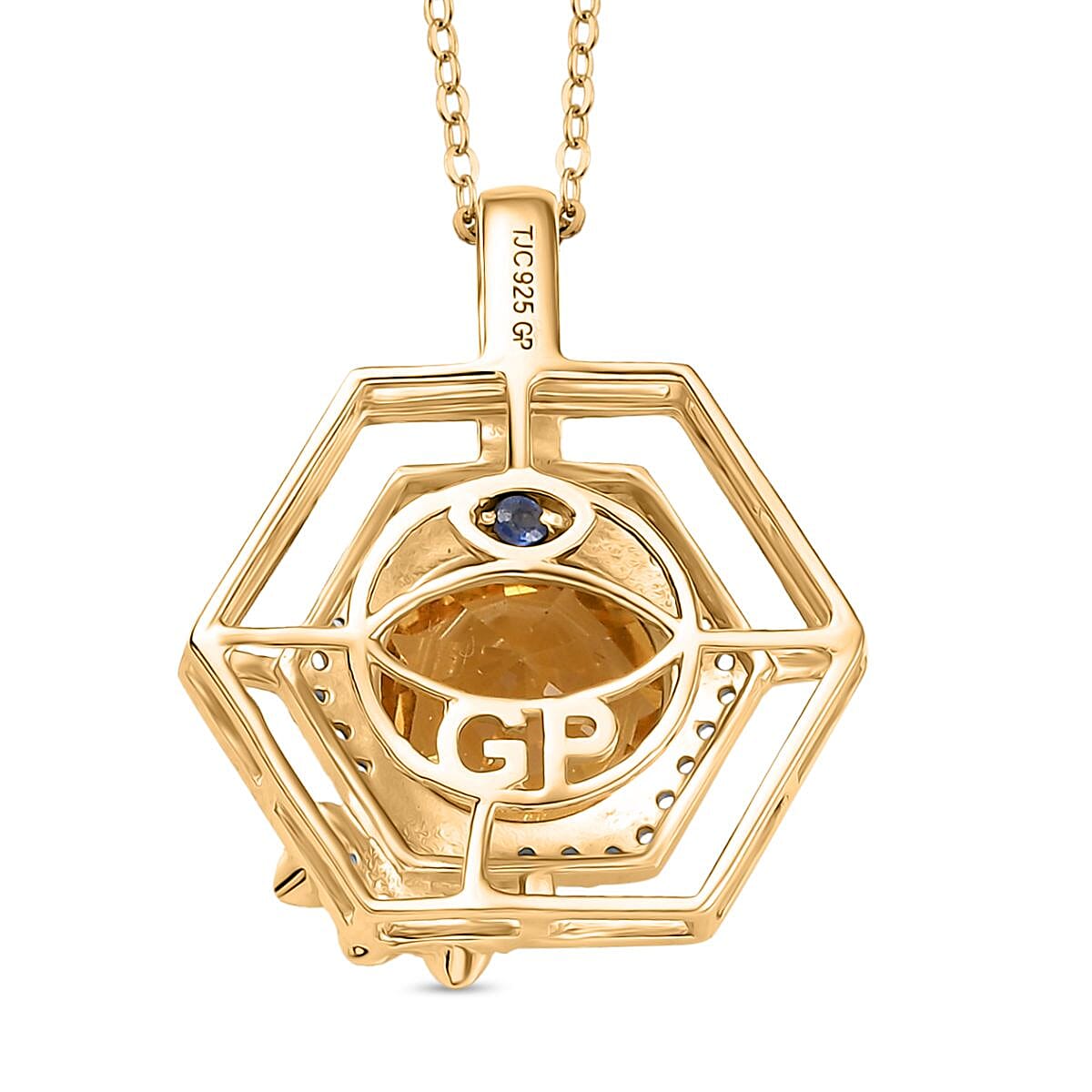 GP Honey Comb Collection - Honeycomb Cut Citrine, White Zircon & Blue Sapphire Pendant with Chain (Size 20) in 18K Vermeil Yellow Gold Plated Sterling Silver 4.41 Ct, Silver Wt. 4.91 Gms. GP Honey Comb Collection - Honeycomb Cut Citrine, White Zircon & Blue Sapphire Pendant with Chain (Size 20) in 18K Vermeil Yellow Gold Plated Sterling Silver 4.41 Ct, Silver Wt. 4.91 Gms.