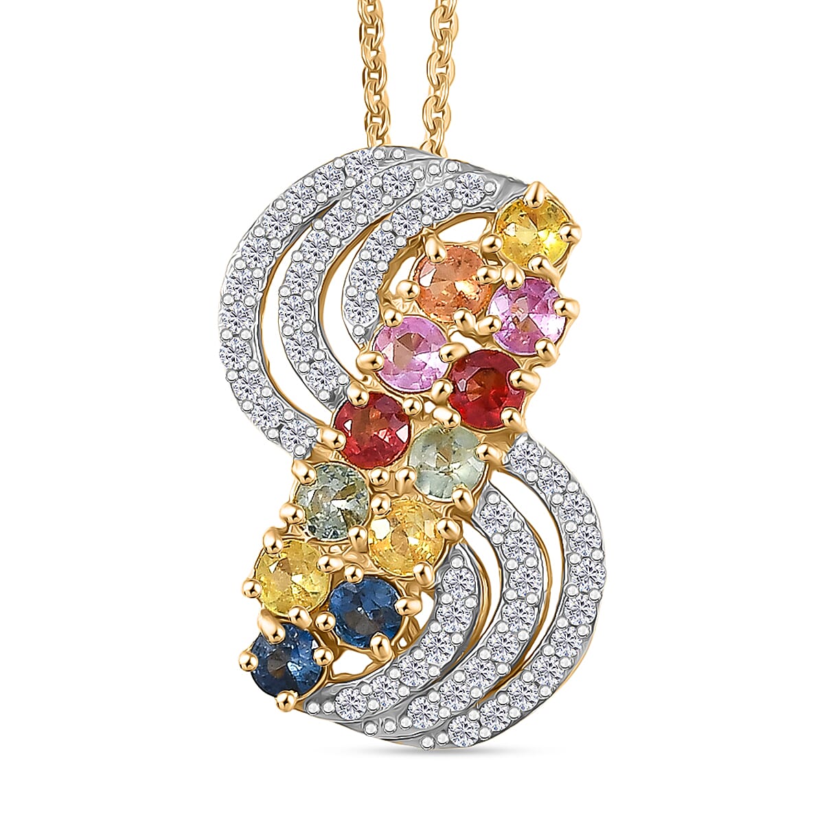 Multi Sapphire,  White Zircon Pendant with Chain (Size 20) in Rhodium Overlay Sterling Silver 1.00 ct  2.200  Ct.