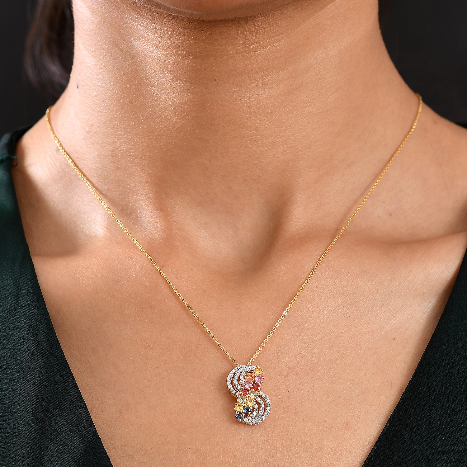 Multi Sapphire,  White Zircon Pendant with Chain (Size 20) in Rhodium Overlay Sterling Silver 1.00 ct  2.200  Ct.