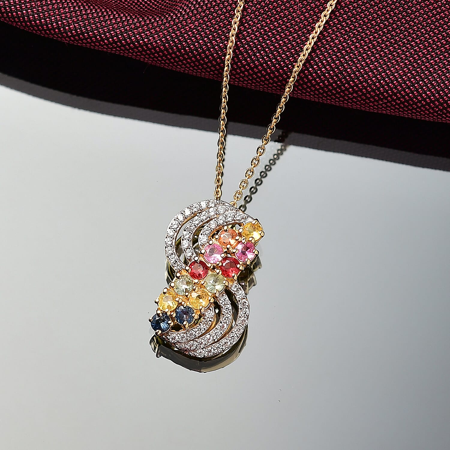 Multi Sapphire,  White Zircon Pendant with Chain (Size 20) in Rhodium Overlay Sterling Silver 1.00 ct  2.200  Ct.