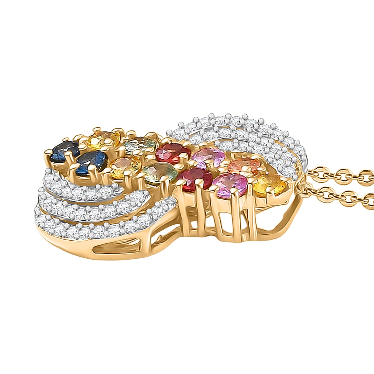 Multi Sapphire,  White Zircon Pendant with Chain (Size 20) in Rhodium Overlay Sterling Silver 1.00 ct  2.200  Ct.