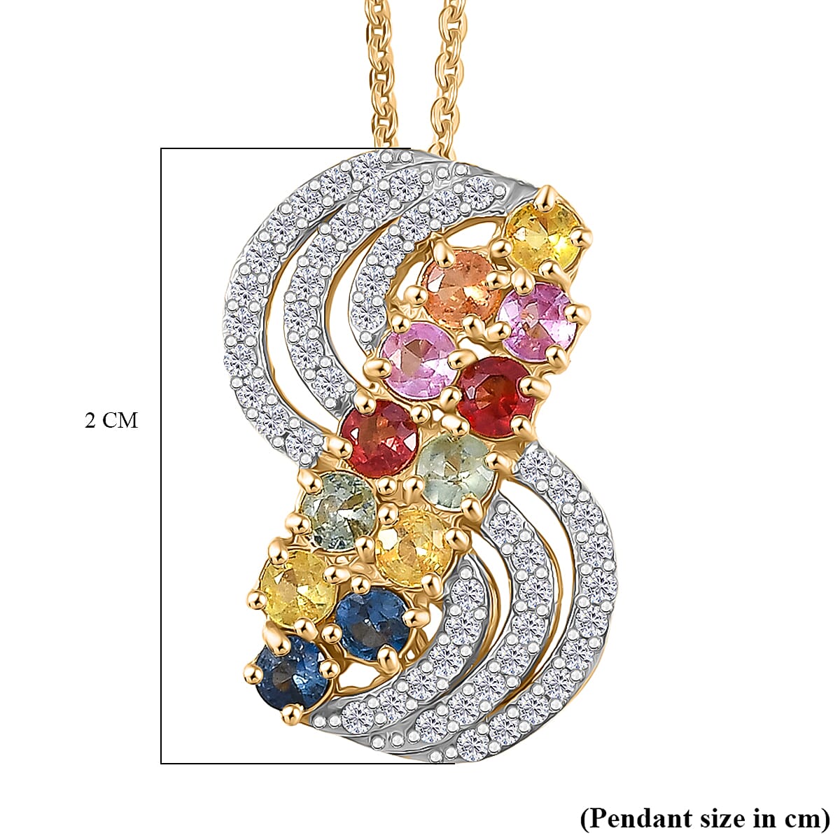 Multi Sapphire,  White Zircon Pendant with Chain (Size 20) in Rhodium Overlay Sterling Silver 1.00 ct  2.200  Ct.