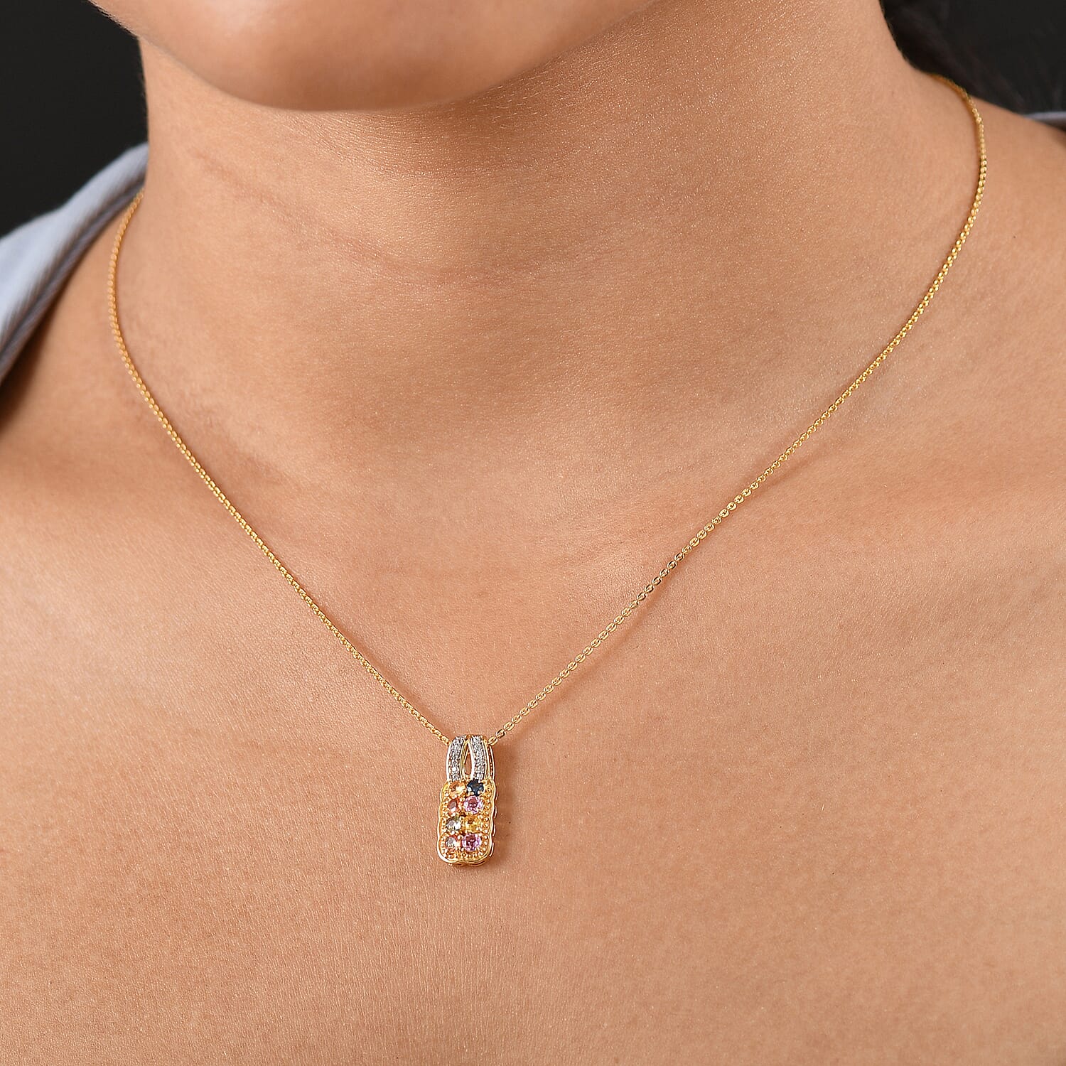 Multi Sapphire,  White Zircon Pendant with Chain (Size 20) in 18K YG Vermeil Sterling Silver 0.10 ct  0.900  Ct.