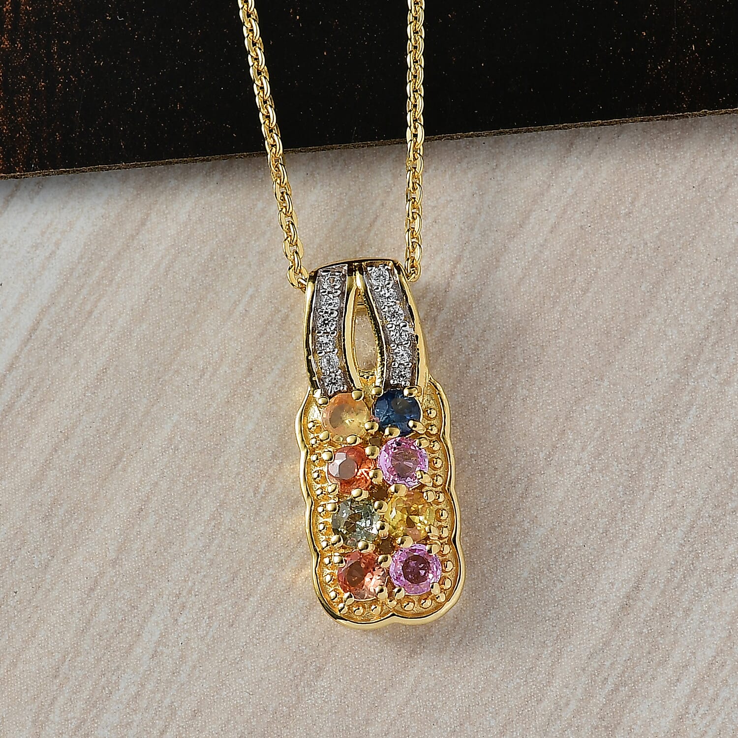 Multi Sapphire,  White Zircon Pendant with Chain (Size 20) in 18K YG Vermeil Sterling Silver 0.10 ct  0.900  Ct.