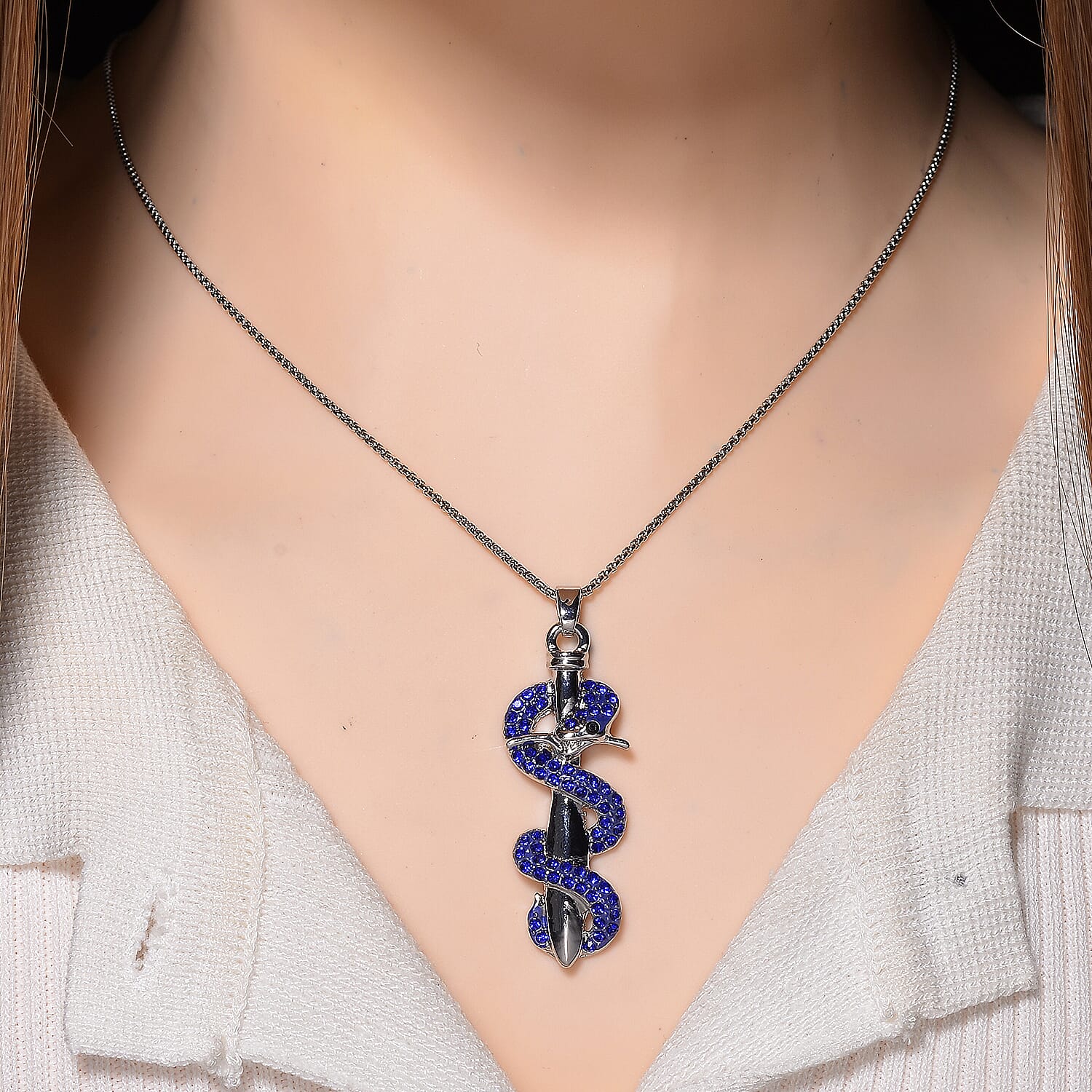 Designer Inspired- Blue Crystal Pendant with Chain (Size 20 - 2 Ext)