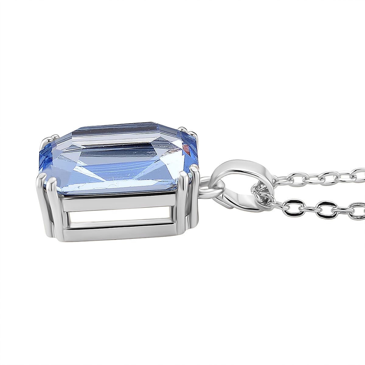 Austrian Blue Crystal Pendant with Chain (Size 20-2 Ext) with Lobster Clasp in White Tone