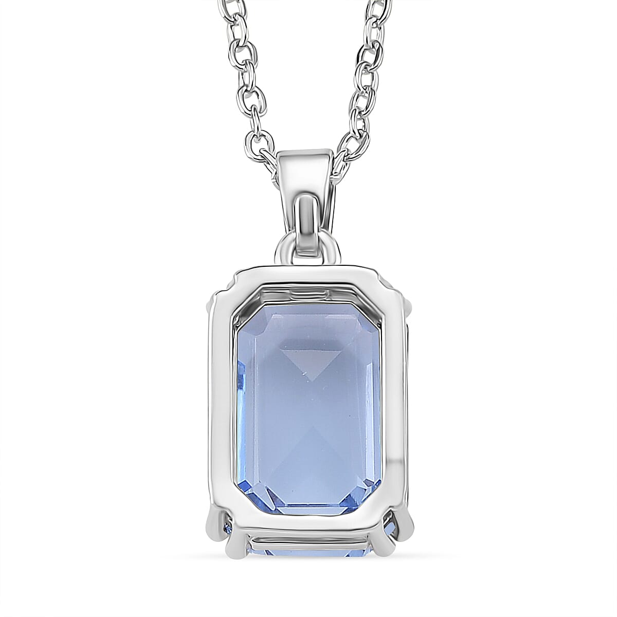 Austrian Blue Crystal Pendant with Chain (Size 20-2 Ext) with Lobster Clasp in White Tone