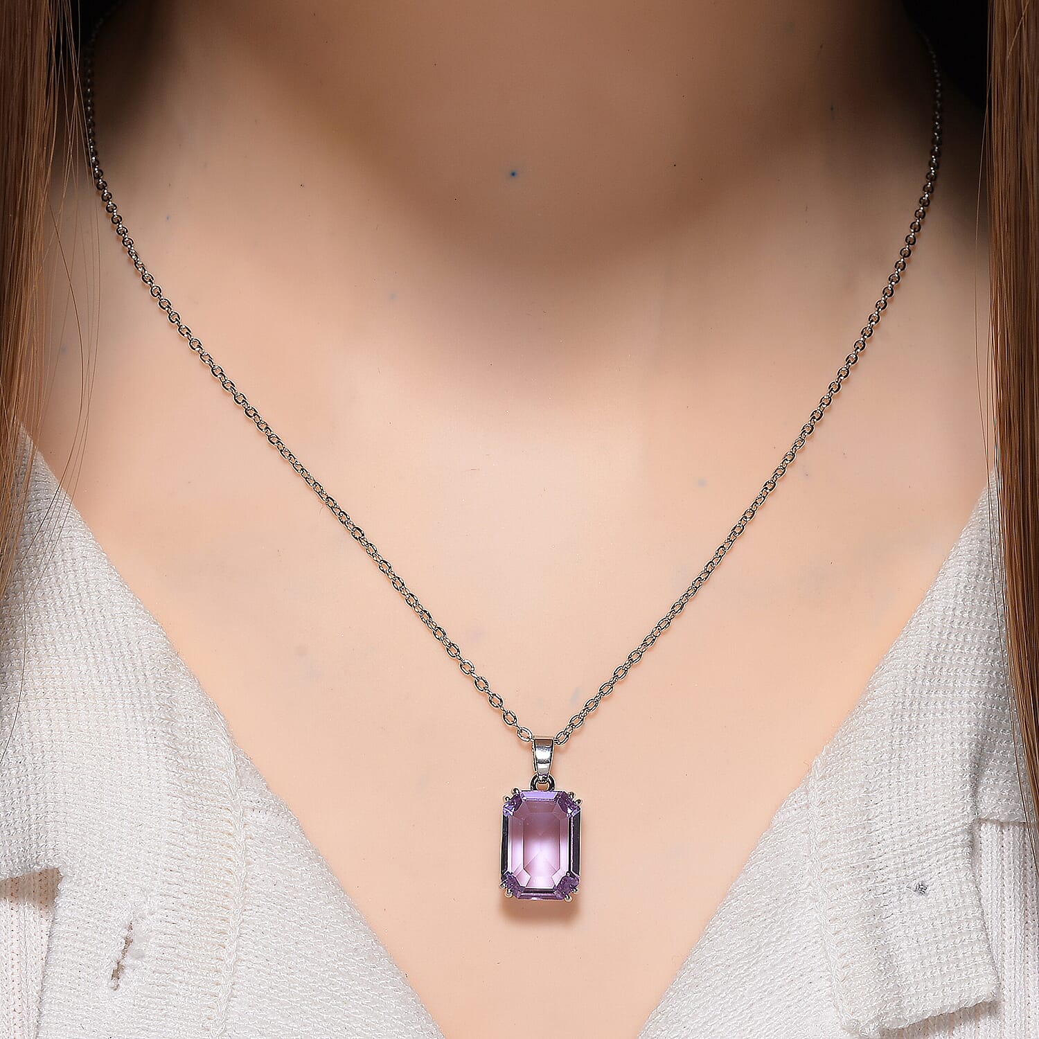 Austrian Purple Crystal Pendant with Chain (Size 20-2 Ext) with Lobster Clasp in White Tone
