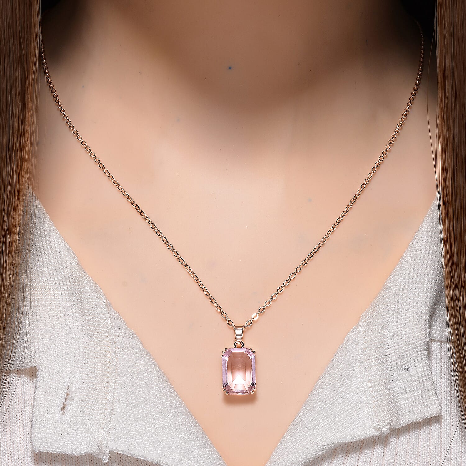 Austrian Pink Crystal Pendant with Chain (Size 20-2 Ext) with Lobster Clasp in Rose Gold Tone
