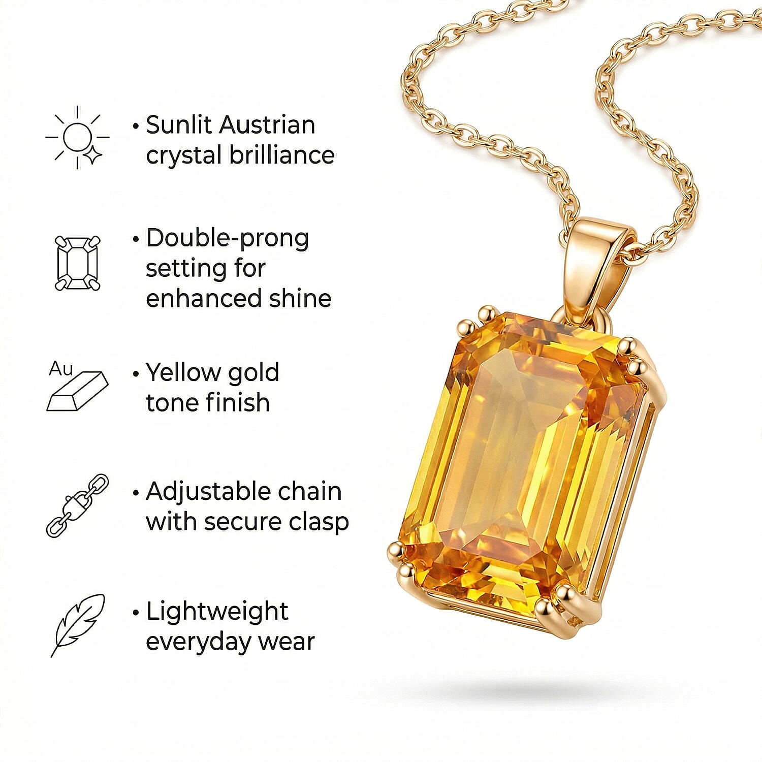 Austrian Yellow Crystal Pendant with Chain (Size 20-2 Ext) with Lobster Clasp in Yellow Gold Tone
