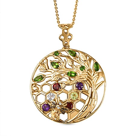 GP Italian Garden Collection - Citrine, Multi Gemstones Tree of Life Pendant with Chain (Size 20) in 18K Vermeil Yellow Gold Plated Sterling Silver 1.57 Ct.