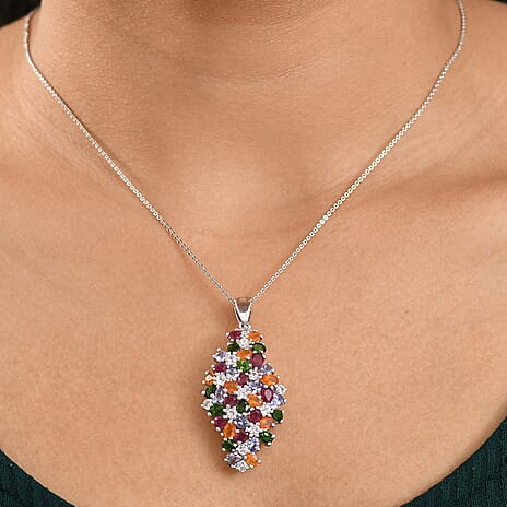 Tanzanite, Fire Opal & Multi Gemstones Pendant with Chain (Size 20) in Rhodium Overlay Sterling Silver 7.96 Ct, Silver wt. 6.80 Gms.