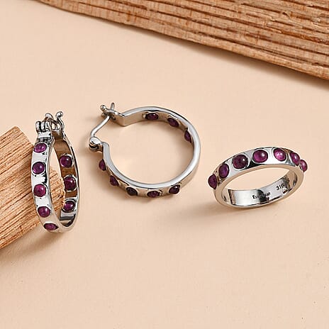 EverTrue 2 Piece Set - African Ruby J Hoop Half Hoop Earring & Band Ring 3.58 Ct.