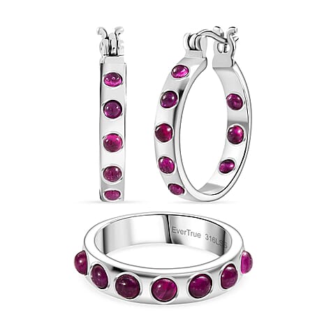EverTrue 2 Piece Set - African Ruby J Hoop Half Hoop Earring & Band Ring 3.58 Ct.