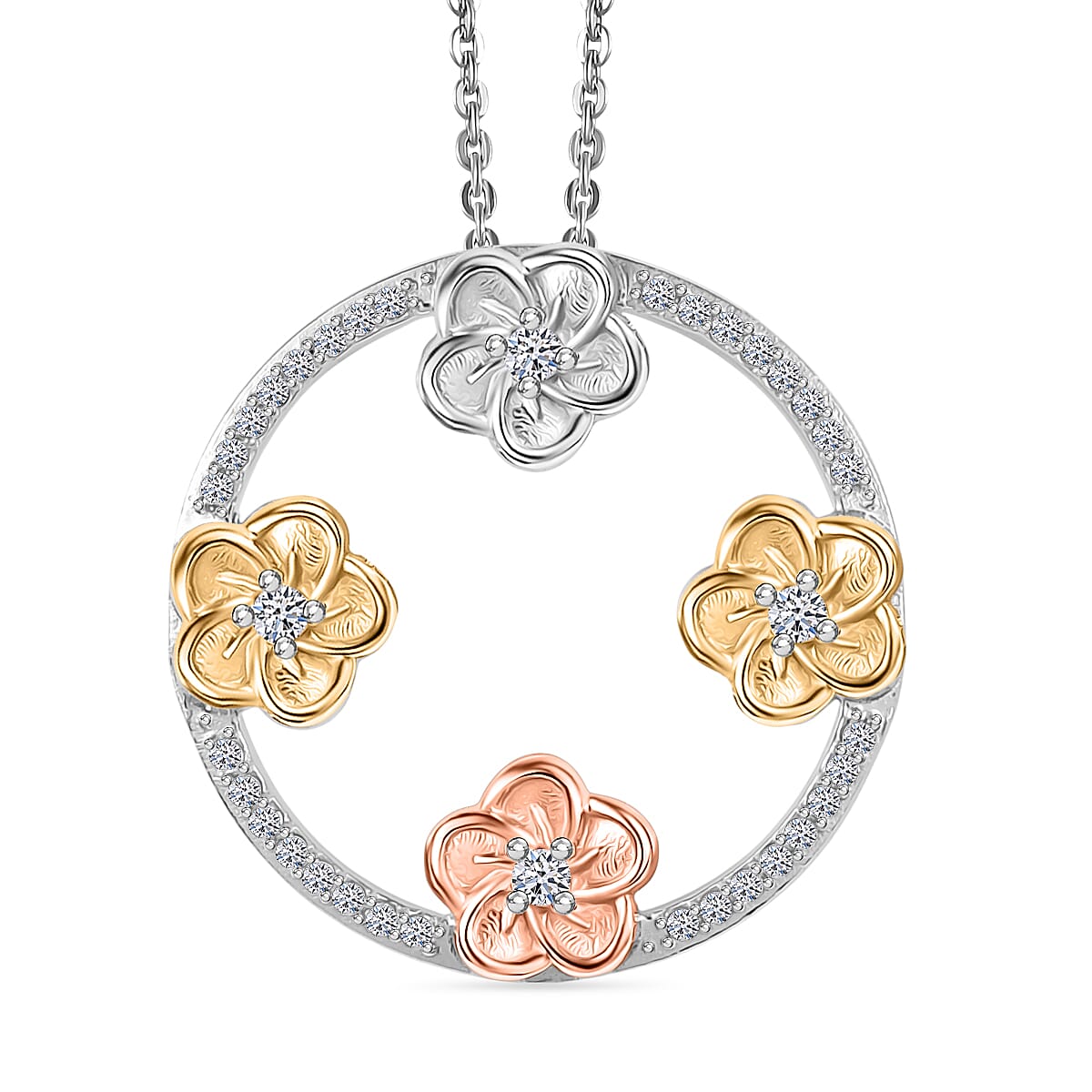 Lab Grown Diamond (SI-GH) Pendant with Chain (Size 20) in 18K Vermail Yellow Gold, Rose Gold & Rhodium Plated Sterling Silver