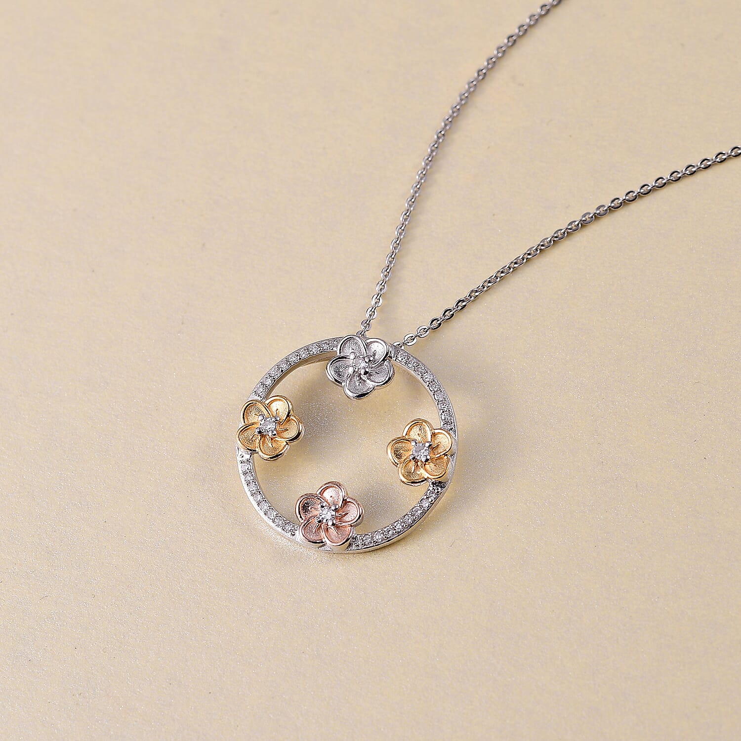 Lab Grown Diamond (SI-GH) Pendant with Chain (Size 20) in 18K Vermail Yellow Gold, Rose Gold & Rhodium Plated Sterling Silver