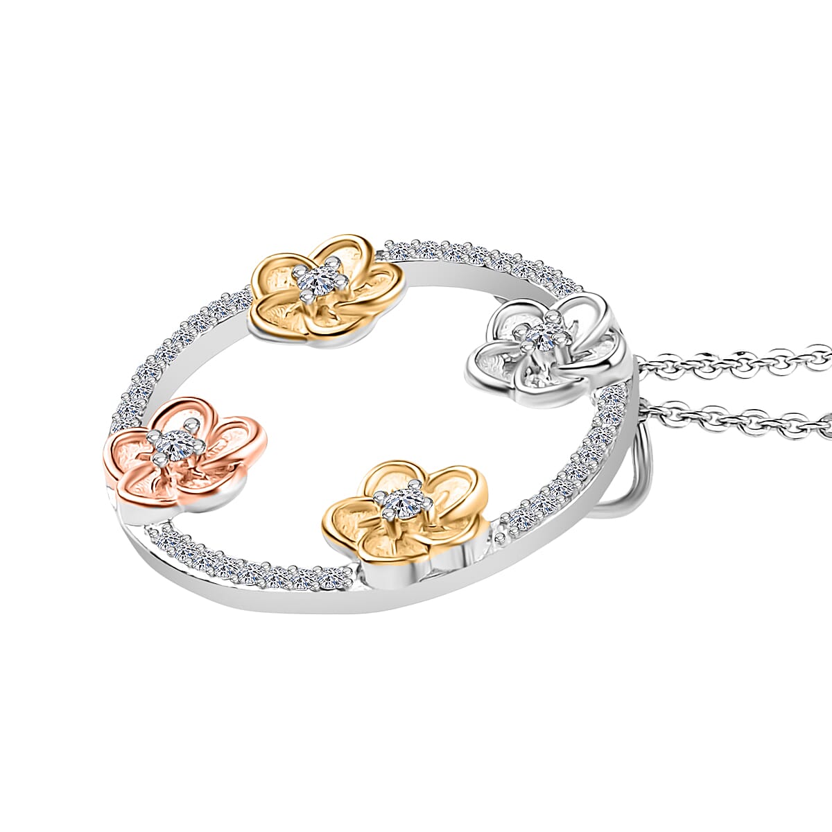 Lab Grown Diamond (SI-GH) Pendant with Chain (Size 20) in 18K Vermail Yellow Gold, Rose Gold & Rhodium Plated Sterling Silver