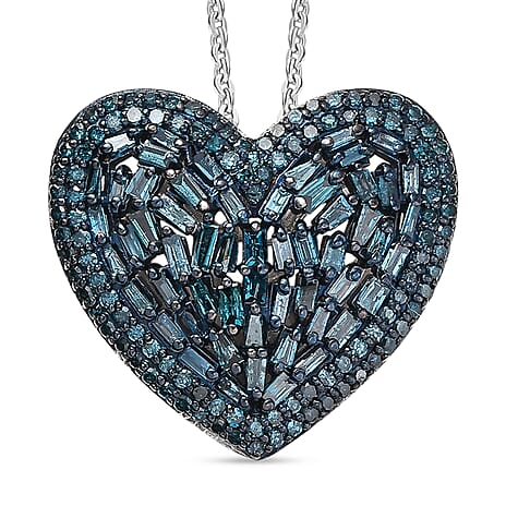 GP Amore Collection - Blue Diamond & Kanchanaburi Blue Sapphire,  White Diamond Pendant with Chain (Size 20) in Rhodium Overlay Sterling Silver 1.08 Ct.