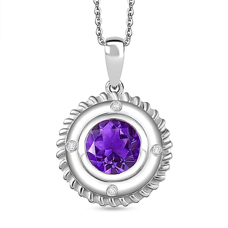 Moroccan Amethyst & White Zircon Pendant with Chain (Size 20) in Rhodium Overlay Sterling Silver 2.00 Ct.