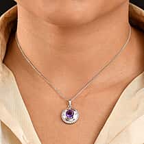 Moroccan Amethyst & White Zircon Pendant with Chain (Size 20) in Rhodium Overlay Sterling Silver 2.00 Ct.