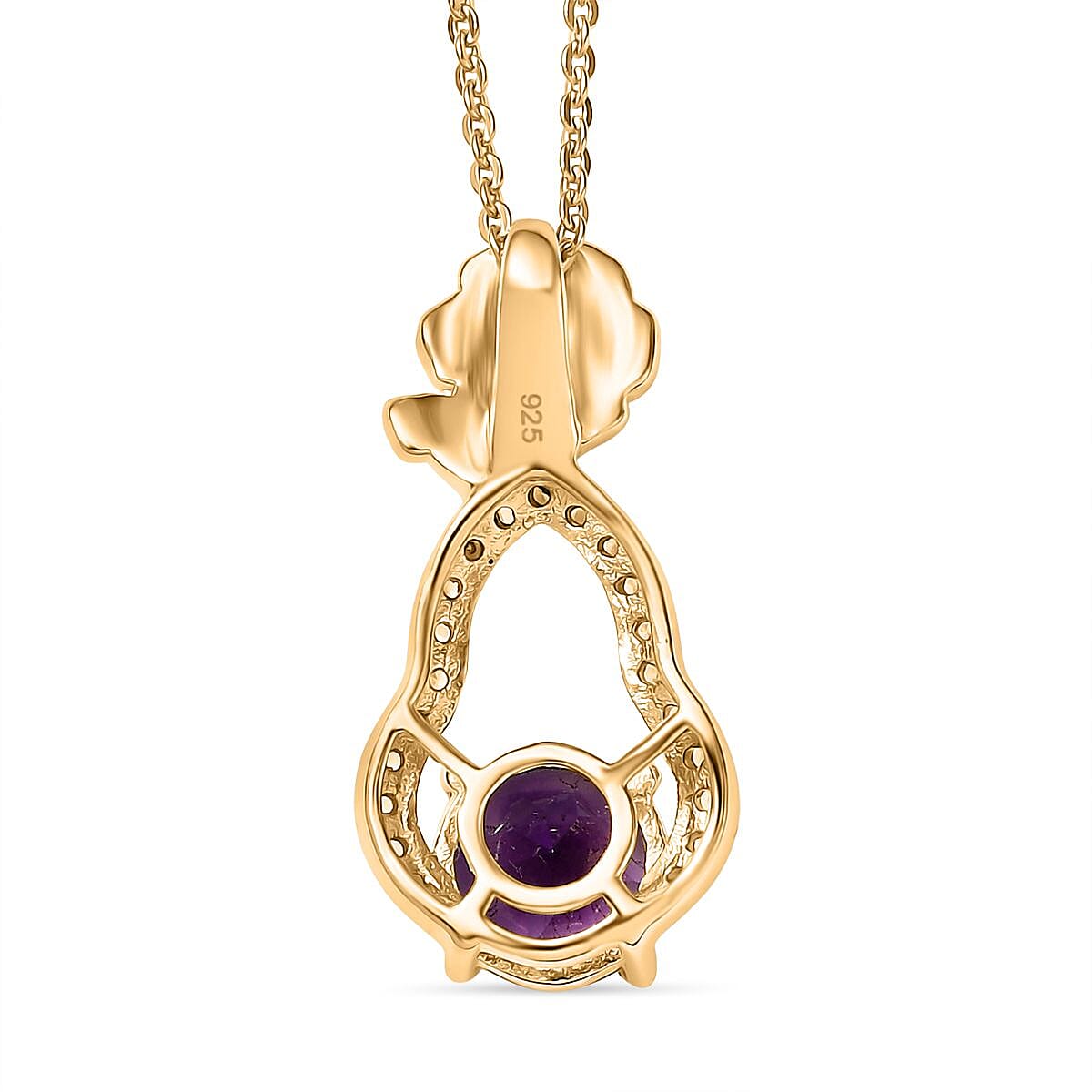 Moroccan Amethyst & White Zircon Pendant with Chain (Size 20) in 18K Vermeil Yellow Gold Plated Sterling Silver 1.54 Ct. Moroccan Amethyst & White Zircon Pendant with Chain (Size 20) in 18K Vermeil Yellow Gold Plated Sterling Silver 1.54 Ct.