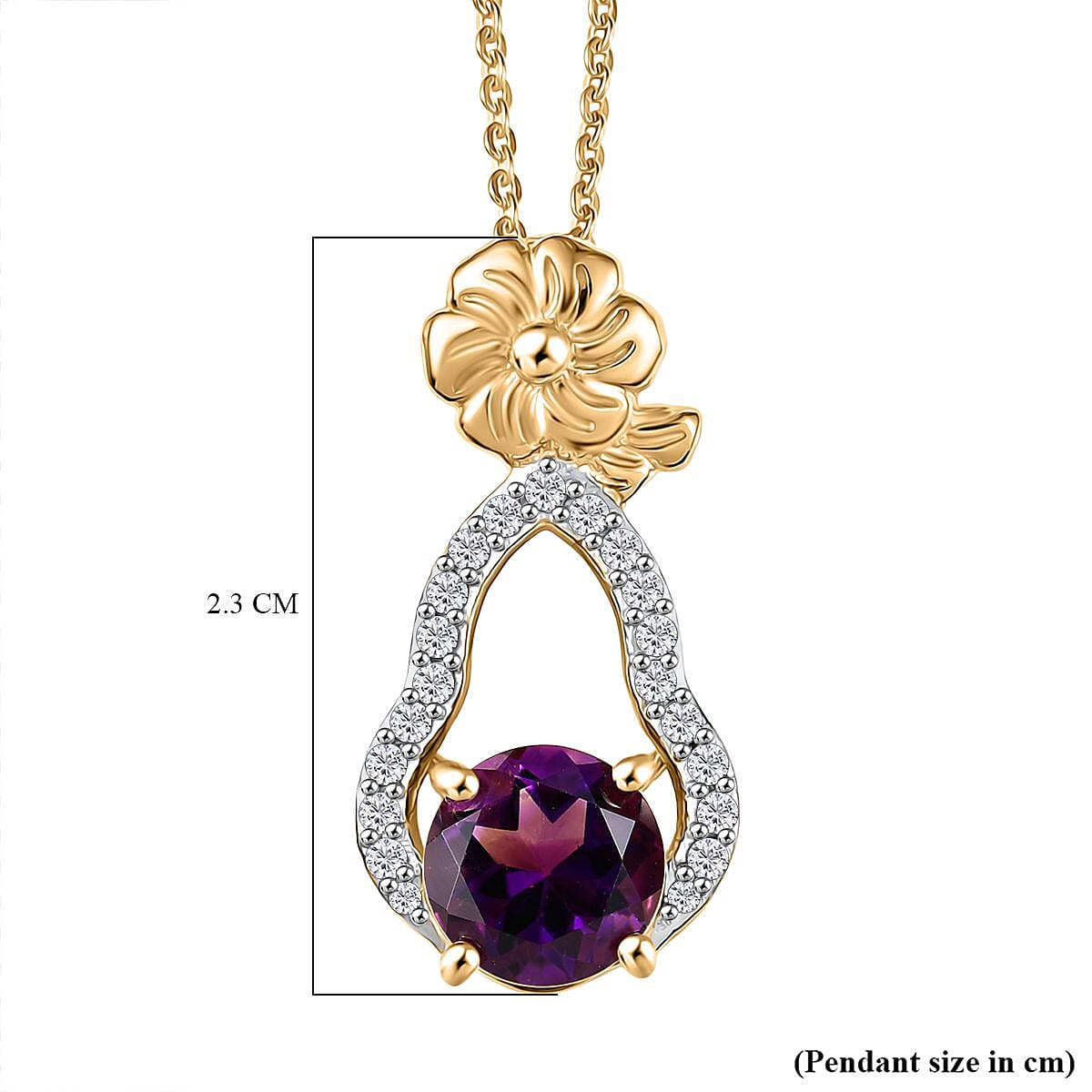 Moroccan Amethyst & White Zircon Pendant with Chain (Size 20) in 18K Vermeil Yellow Gold Plated Sterling Silver 1.54 Ct. Moroccan Amethyst & White Zircon Pendant with Chain (Size 20) in 18K Vermeil Yellow Gold Plated Sterling Silver 1.54 Ct.