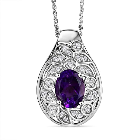 Natural Moroccan Amethyst & White Zircon Twisted Vine Pendant with Chain (Size 20) in Rhodium Overlay Sterling Silver 1.33 Ct.