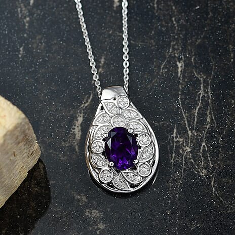 Natural Moroccan Amethyst & White Zircon Twisted Vine Pendant with Chain (Size 20) in Rhodium Overlay Sterling Silver 1.33 Ct.