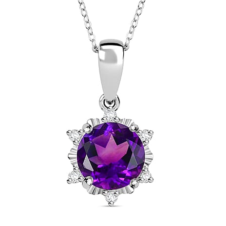 Natural Moroccan Amethyst & White Zircon Sunburst Blossom Pendant with Chain (Size 20) in Rhodium Overlay Sterling Silver 2.08 Ct.
