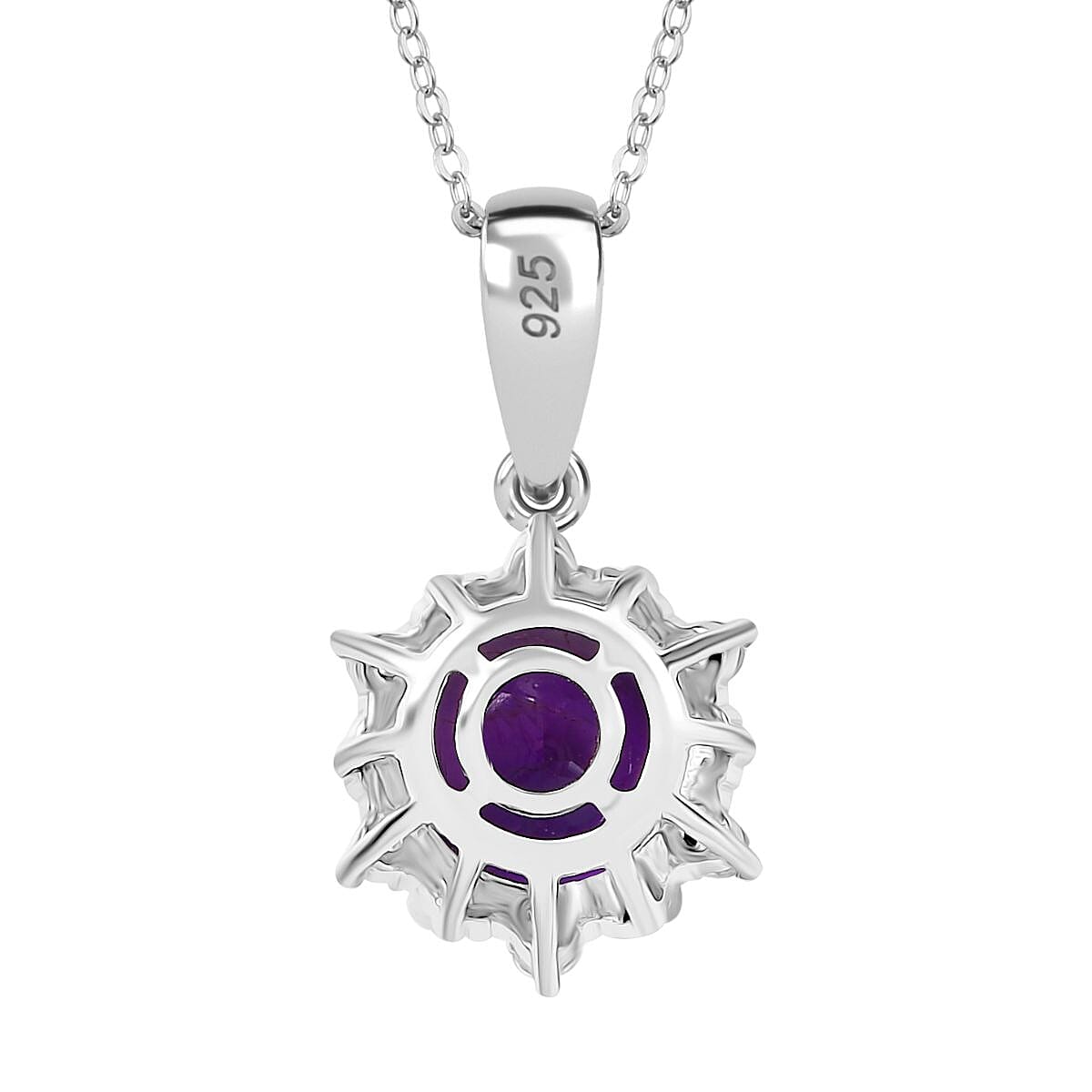 Natural Moroccan Amethyst & White Zircon Sunburst Blossom Pendant with Chain (Size 20) in Rhodium Overlay Sterling Silver 2.08 Ct. Natural Moroccan Amethyst & White Zircon Sunburst Blossom Pendant with Chain (Size 20) in Rhodium Overlay Sterling Silver 2.08 Ct.