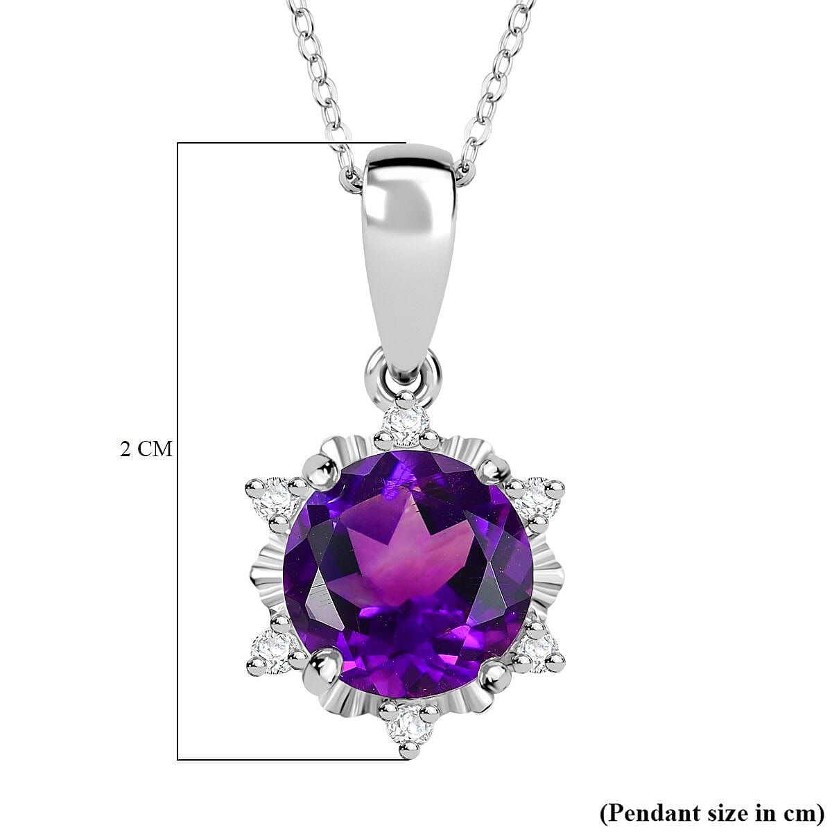 Natural Moroccan Amethyst & White Zircon Sunburst Blossom Pendant with Chain (Size 20) in Rhodium Overlay Sterling Silver 2.08 Ct. Natural Moroccan Amethyst & White Zircon Sunburst Blossom Pendant with Chain (Size 20) in Rhodium Overlay Sterling Silver 2.08 Ct.