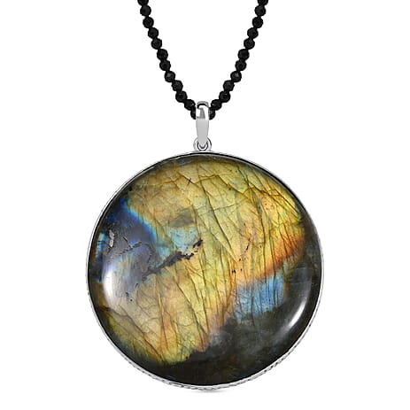 Labradorite Black Spinel Pendant with Beads Chain (Size 20) in Rhodium Overlay Sterling Silver 302.81 Ct, Silver Wt. 10.04 Gms.