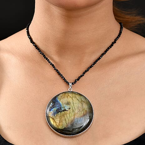 Labradorite Black Spinel Pendant with Beads Chain (Size 20) in Rhodium Overlay Sterling Silver 302.81 Ct, Silver Wt. 10.04 Gms.
